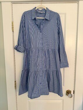 Chico's Blue and White Stripe Tiered Shirt Dress with Pockets ~ Size 3 (14-16)